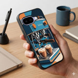 Happy Blue Coffee Machine Art Protective Case Compatible with iPhone, Samsung & Google Pixel FX0292