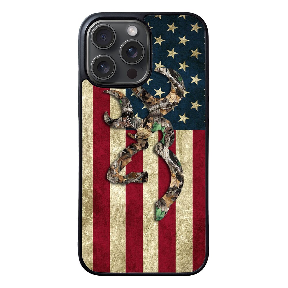 Browning Deer Real Tree Camo USA Flag Case iPhone 15 Pro Max BC2264