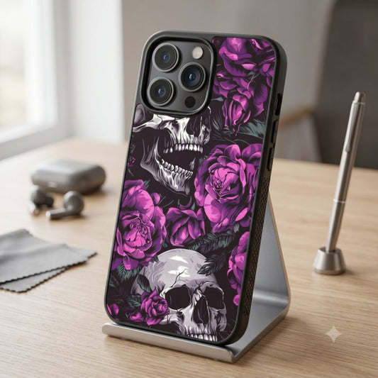 Purple Roses & Skulls Protective Case Compatible with iPhone, Samsung & Google Pixel FW0310
