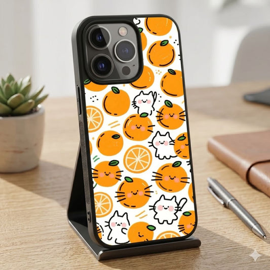 Orange And Cat Pattern Protective Case Compatible with iPhone, Samsung & Google Pixel FX0244